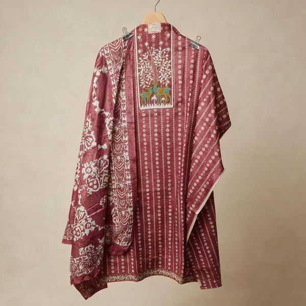 Maroon_Printed_Embroidered_Kurta_Set_For_Women