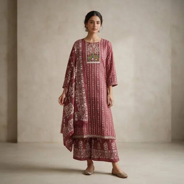 Maroon_Printed_Embroidered_Kurta_Set_For_Women