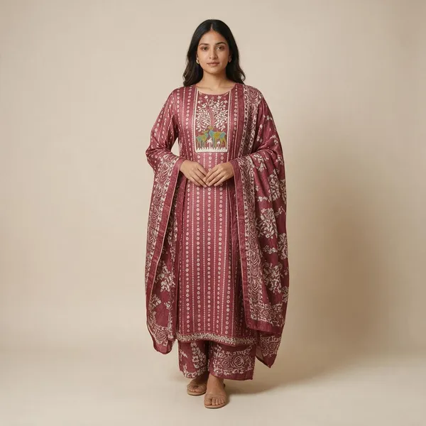 Maroon_Printed_Embroidered_Kurta_Set_For_Women