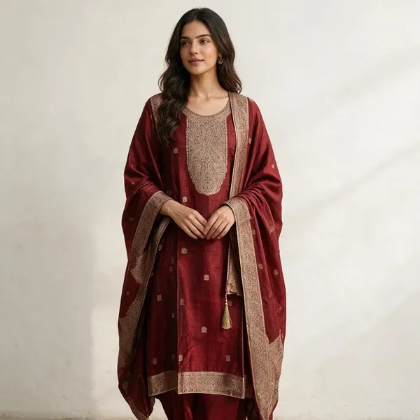 Maroon_Silk_Embroidered_Kurta_Set_For_Women