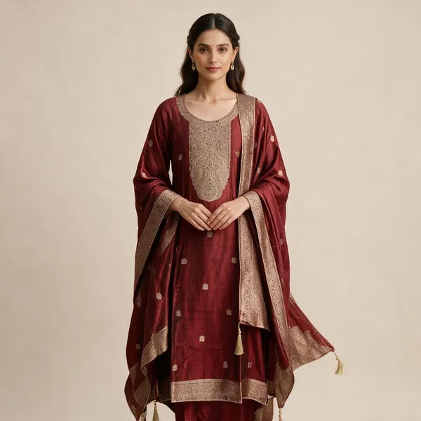 Maroon_Silk_Embroidered_Kurta_Set_For_Women