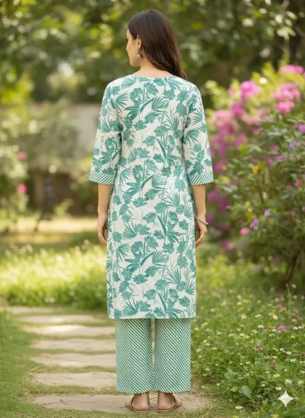 Product_Summary_Cosmic_Trends_Kurti_Pant_Set_For_Women_Pattern_Floral_Print_Round_Neck_Cotton_Half_Sleeve_Idot_For_Collage_Office_And_Daily_Use_Women_A_Line_Kurti_Pant_Set_Color_Green_Size_L