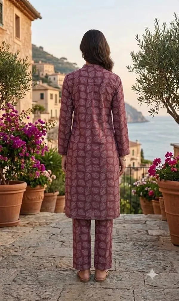 Kurti_Palazzo_Set_Pattern_Leaf_Print_Round_Neck_Cotton_Half_Sleeve_Idot_For_Collage_Office_And_Daily_Use_Women_A_Line_Kurti_Palazzo_Set