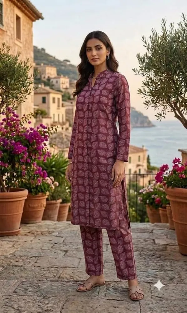 Kurti_Palazzo_Set_Pattern_Leaf_Print_Round_Neck_Cotton_Half_Sleeve_Idot_For_Collage_Office_And_Daily_Use_Women_A_Line_Kurti_Palazzo_Set