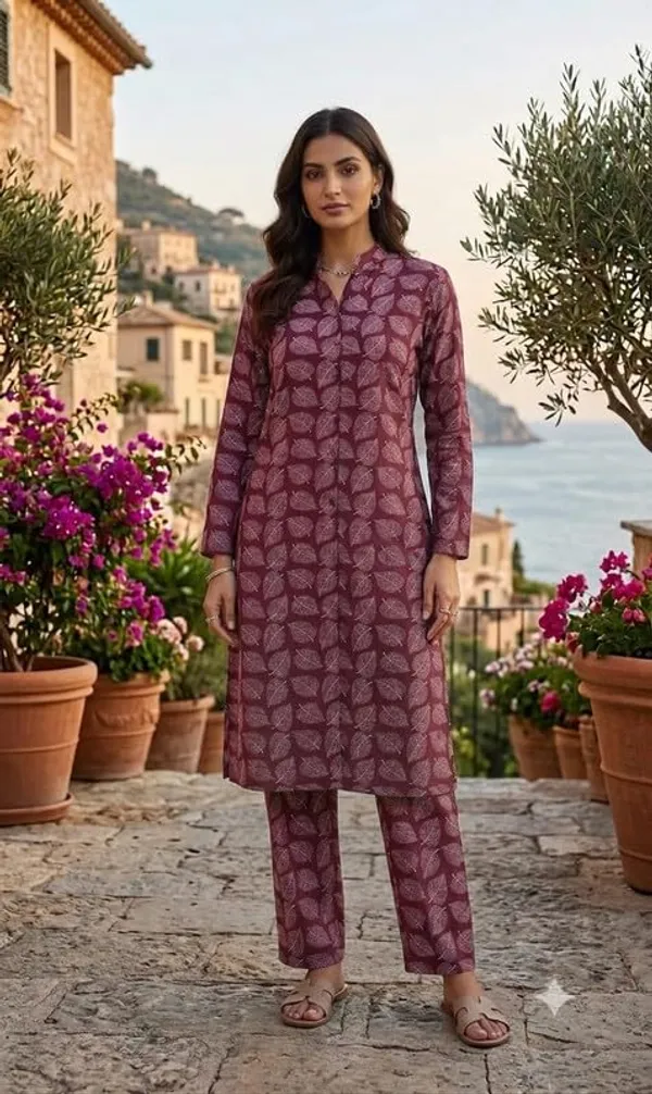 Kurti_Palazzo_Set_Pattern_Leaf_Print_Round_Neck_Cotton_Half_Sleeve_Idot_For_Collage_Office_And_Daily_Use_Women_A_Line_Kurti_Palazzo_Set