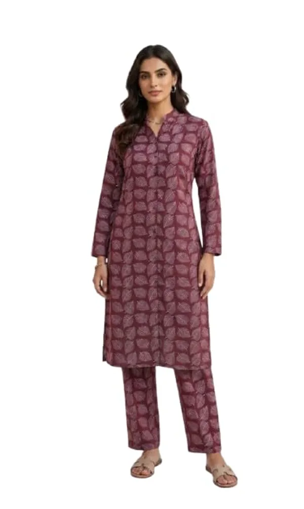 Kurti_Palazzo_Set_Pattern_Leaf_Print_Round_Neck_Cotton_Half_Sleeve_Idot_For_Collage_Office_And_Daily_Use_Women_A_Line_Kurti_Palazzo_Set