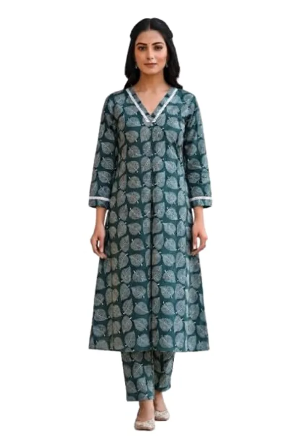 Kurti_Palazzo_Set_Pattern_Leaf_Print_Round_Neck_Cotton_Half_Sleeve_Idot_For_Collage_Office_And_Daily_Use_Women_A_Line_Kurti_Palazzo_Set