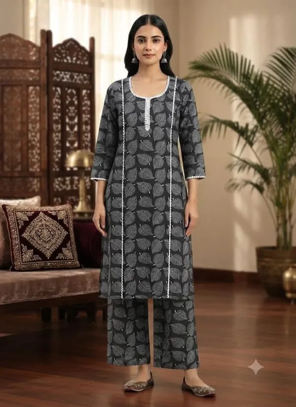 Kurti_Palazzo_Set_Pattern_Leaf_Print_Round_Neck_Cotton_Half_Sleeve_Idot_For_Collage_Office_And_Daily_Use_Women_A_Line_Kurti_Palazzo_Set