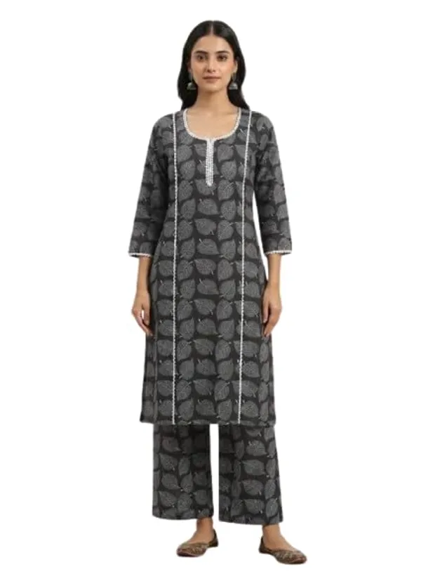 Kurti_Palazzo_Set_Pattern_Leaf_Print_Round_Neck_Cotton_Half_Sleeve_Idot_For_Collage_Office_And_Daily_Use_Women_A_Line_Kurti_Palazzo_Set
