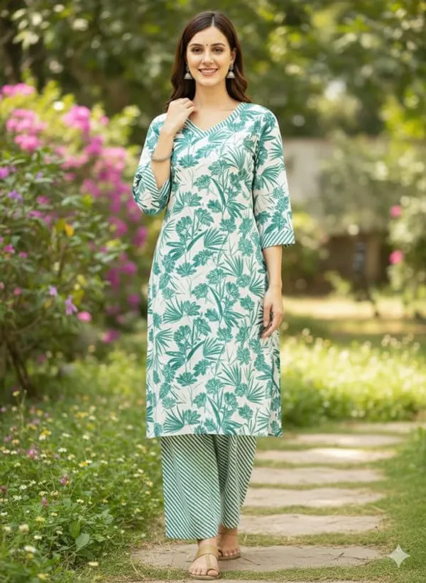 Kurti_Pant_Set_For_Women_Pattern_Floral_Print_Round_Neck_Cotton_Half_Sleeve_Idot_For_Collage_Office_And_Daily_Use_Women_A_Line_Kurti_Pant_Set_Color_Green_Size_M