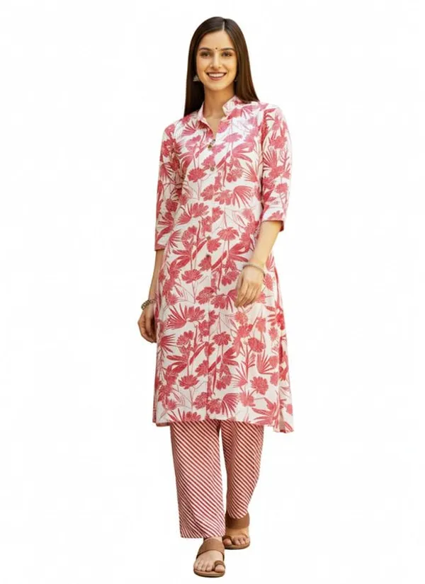 Kurti_Pant_Set_For_Women_Pattern_Floral_Print_Round_Neck_Cotton_Half_Sleeve_Idot_For_Collage_Office_And_Daily_Use_Women_A_Line_Kurti_Pant_Set