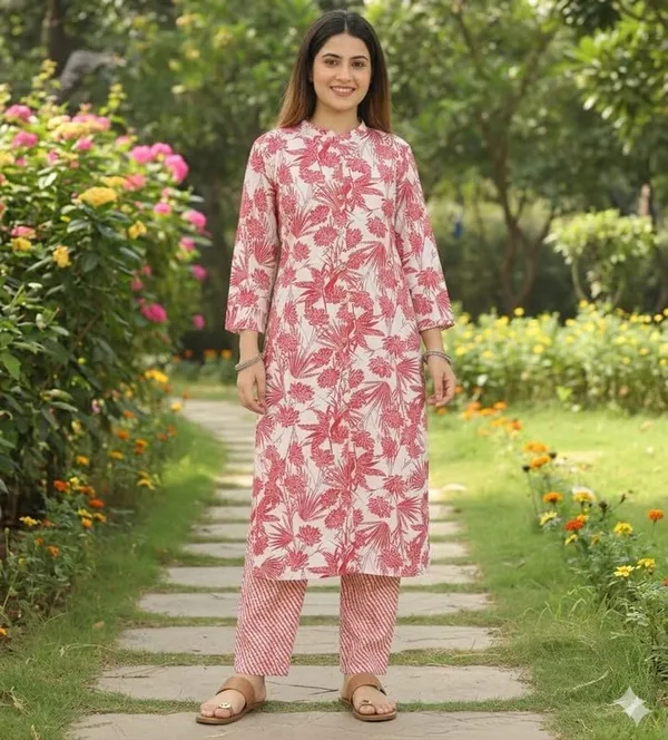 Kurti_Pant_Set_For_Women_Pattern_Floral_Print_Round_Neck_Cotton_Half_Sleeve_Idot_For_Collage_Office_And_Daily_Use_Women_A_Line_Kurti_Pant_Set