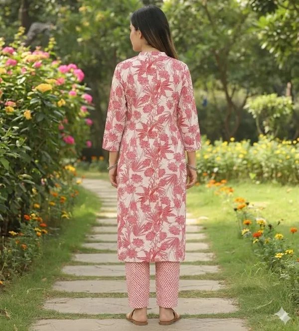 Kurti_Pant_Set_For_Women_Pattern_Floral_Print_Round_Neck_Cotton_Half_Sleeve_Idot_For_Collage_Office_And_Daily_Use_Women_A_Line_Kurti_Pant_Set_Color_Red_Size_Xl