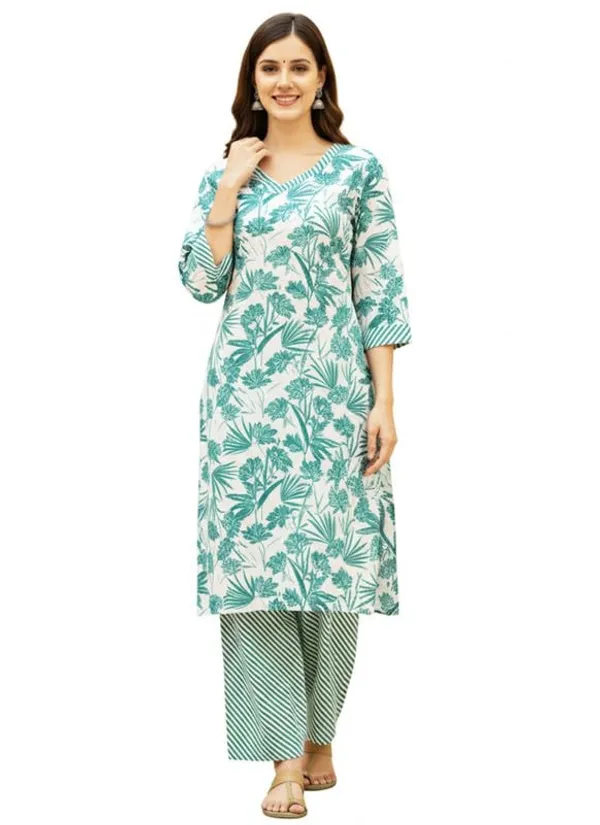 Kurti_Pant_Set_For_Women_Pattern_Floral_Print_Round_Neck_Cotton_Half_Sleeve_Idot_For_Collage_Office_And_Daily_Use_Women_A_Line_Kurti_Pant_Set_Color_Green_Size_M