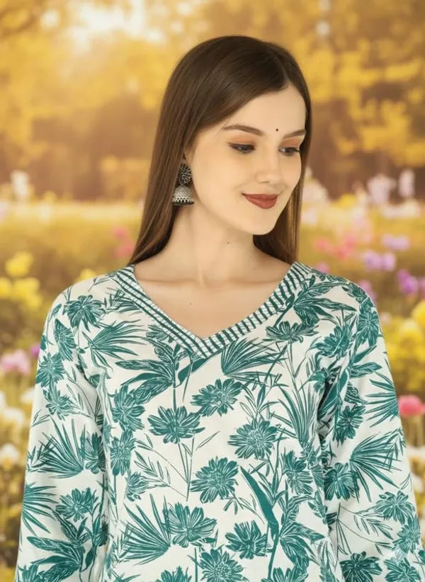 Kurti_Pant_Set_For_Women_Pattern_Floral_Print_Round_Neck_Cotton_Half_Sleeve_Idot_For_Collage_Office_And_Daily_Use_Women_A_Line_Kurti_Pant_Set