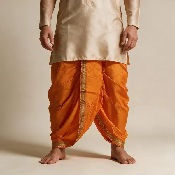 Orange_Cotton_Ethnic_Dhoti_With_Gold_Trim_For_Men