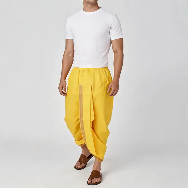 Yellow_Pure_Cotton_Traditional_Dhoti_For_Men