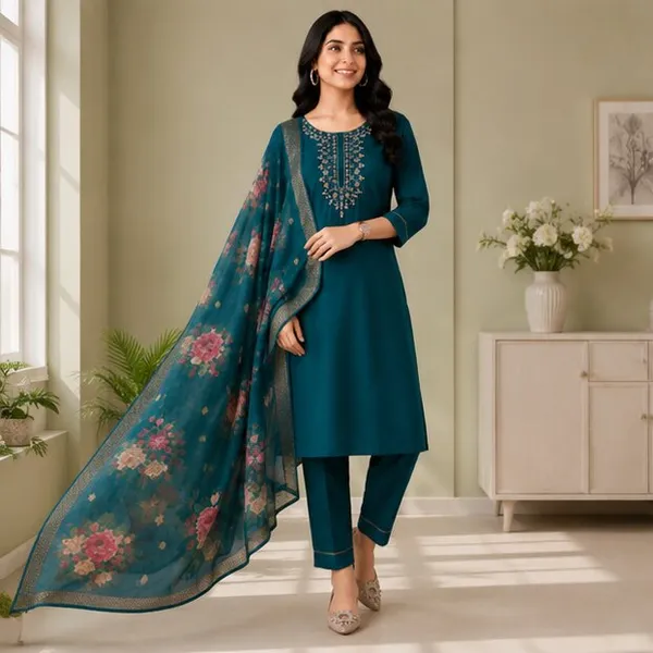 Teal_Embroidered_Straight_Kurta_Set_For_Women