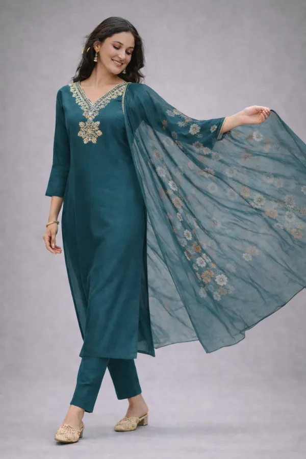 Teal_Embroidered_Straight_Kurta_Set_For_Women