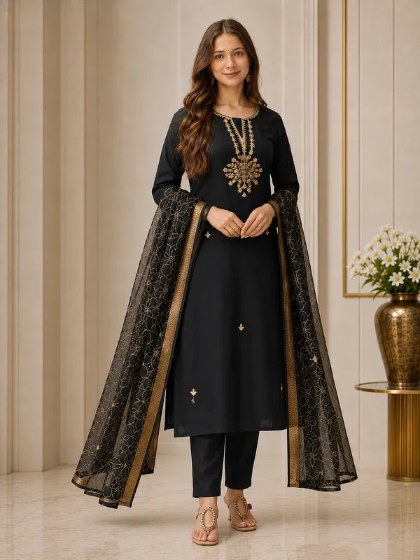 Black_Embroidered_Straight_Kurta_Set_For_Women