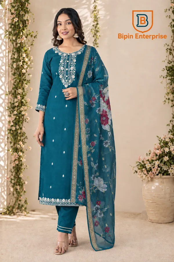 Teal_Embroidered_Straight_Kurta_Set_For_Women