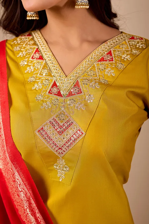 Yellow_Embroidered_Straight_Kurta_Pant_Set_With_Red_Dupatta_For_Women