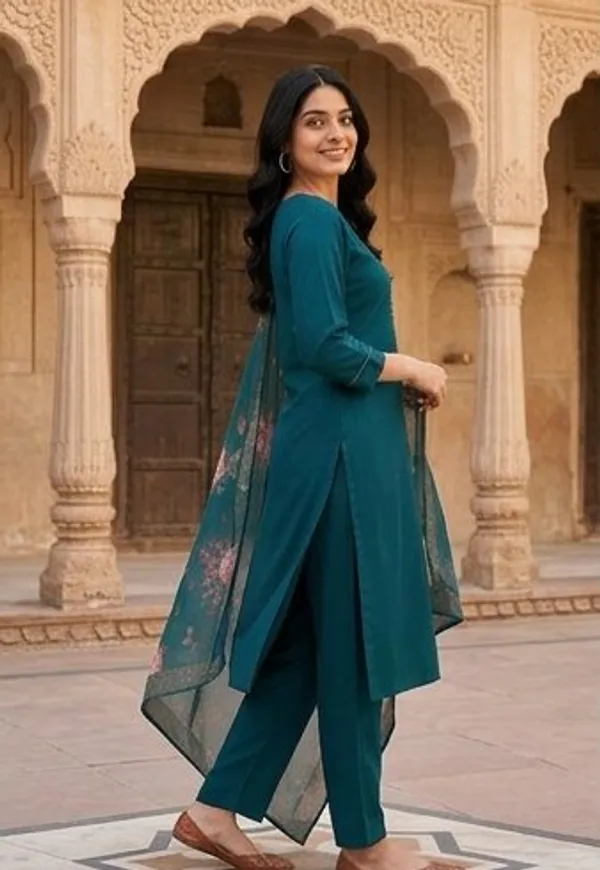Teal_Embroidered_Straight_Kurta_Set_For_Women