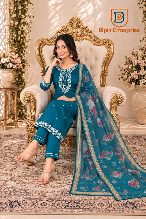 Teal_Embroidered_Straight_Kurta_Set_For_Women