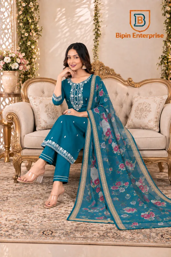 Teal_Embroidered_Straight_Kurta_Set_For_Women