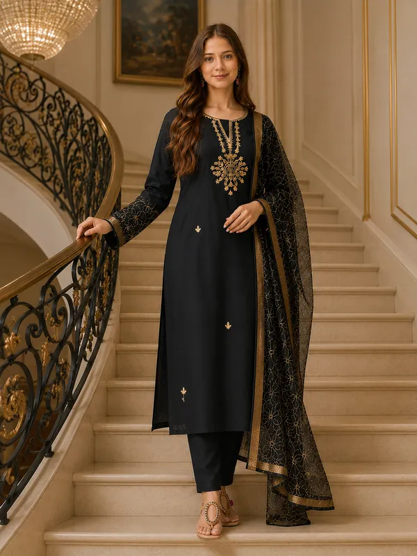 Black_Embroidered_Straight_Kurta_Set_For_Women