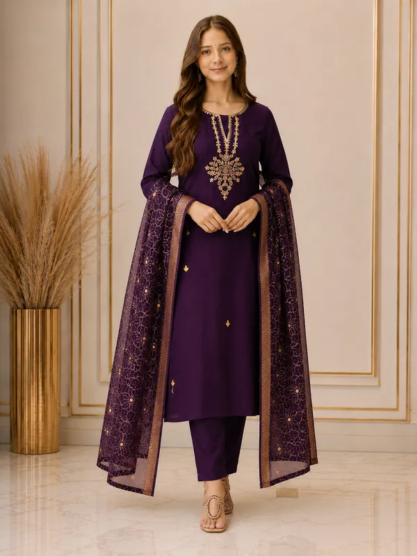 Purple_Embroidered_Straight_Kurta_Set_For_Women