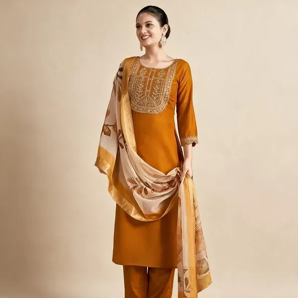 Mustard_Embroidered_Straight_Kurta_Set_For_Women