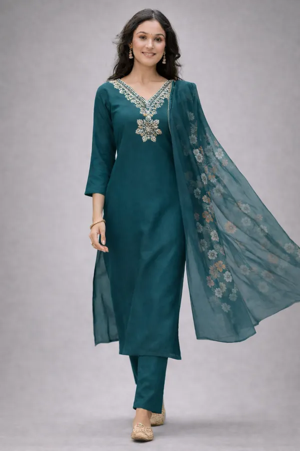 Teal_Embroidered_Straight_Kurta_Set_For_Women