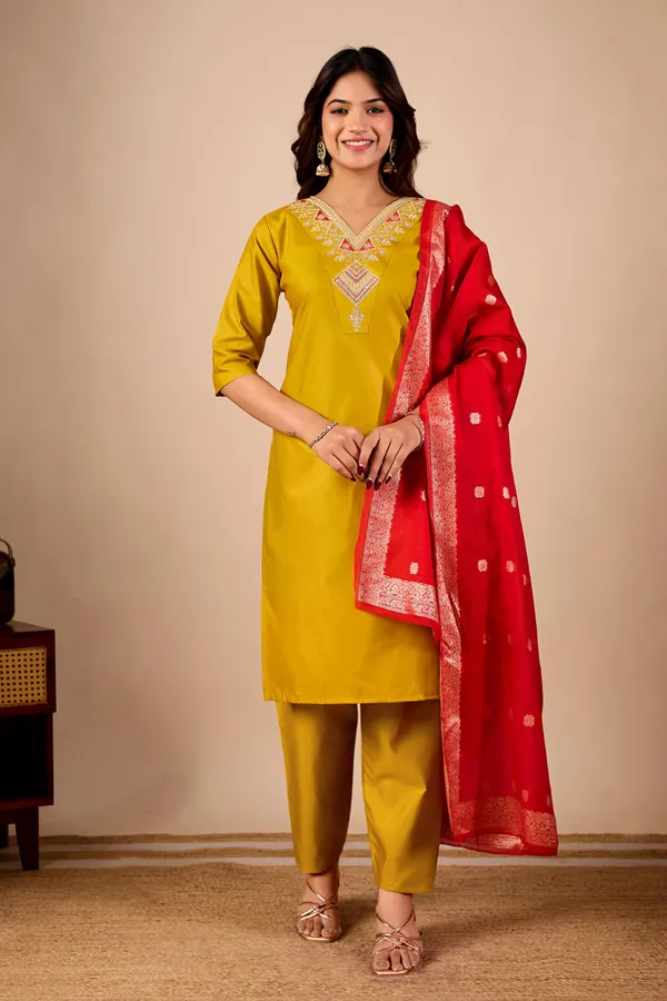Yellow_Embroidered_Straight_Kurta_Pant_Set_With_Red_Dupatta_For_Women