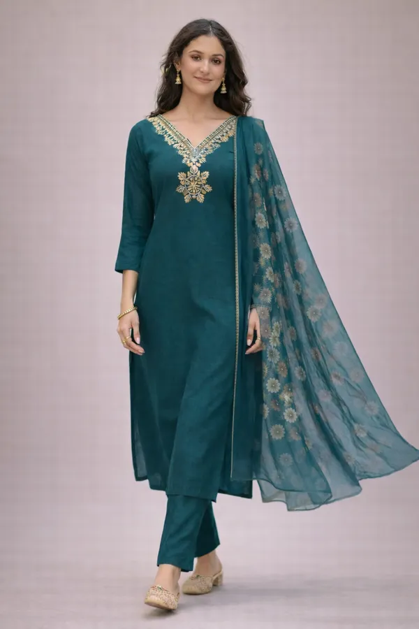 Teal_Embroidered_Straight_Kurta_Set_For_Women