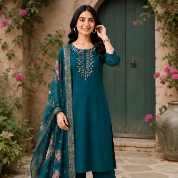 Teal_Embroidered_Straight_Kurta_Set_For_Women