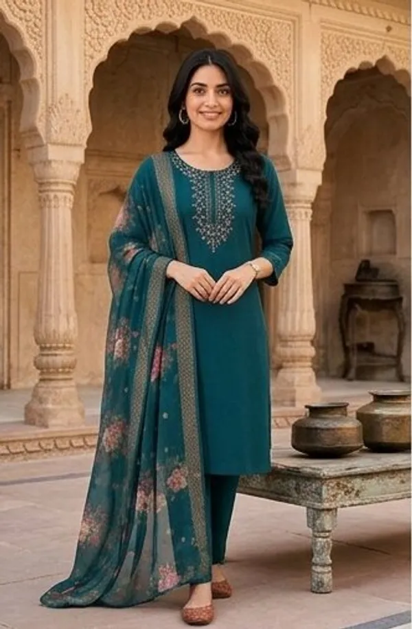 Teal_Embroidered_Straight_Kurta_Set_For_Women