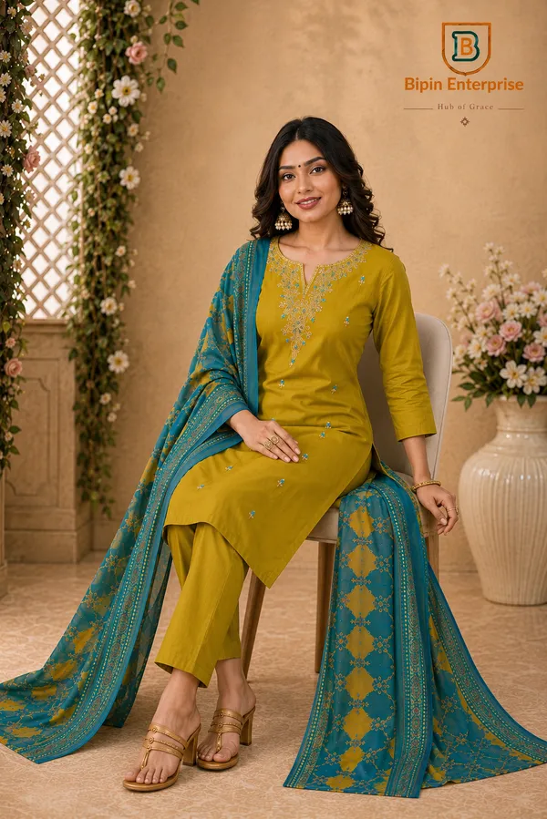 Mustard_Embroidered_Straight_Kurta_Set_For_Women