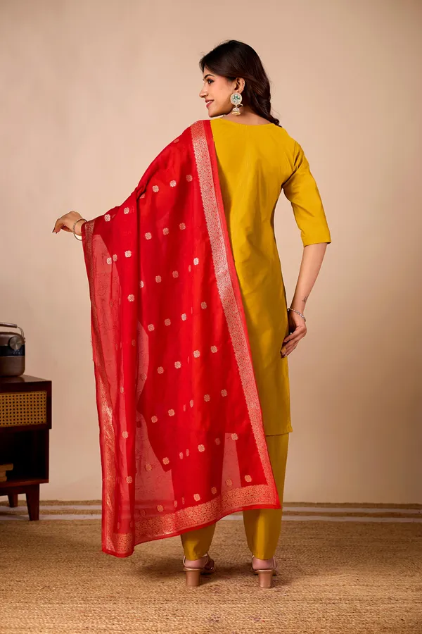Yellow_Embroidered_Straight_Kurta_Pant_Set_With_Red_Dupatta_For_Women