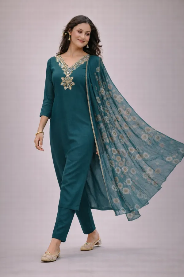 Teal_Embroidered_Straight_Kurta_Set_For_Women
