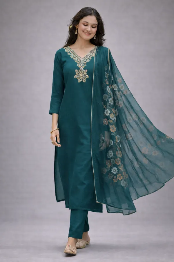 Teal_Embroidered_Straight_Kurta_Set_For_Women