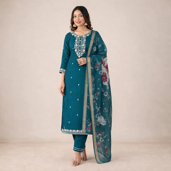 Teal_Embroidered_Straight_Kurta_Set_For_Women