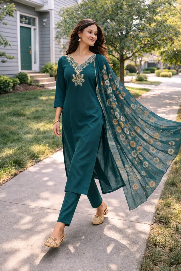 Teal_Embroidered_Straight_Kurta_Set_For_Women