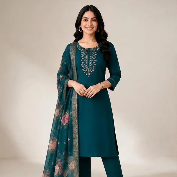 Teal_Embroidered_Straight_Kurta_Set_For_Women