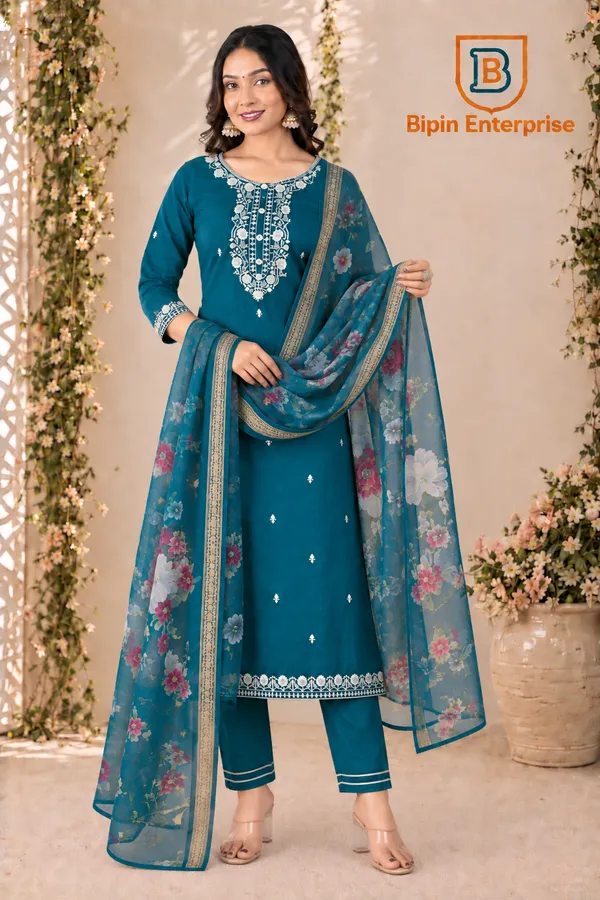 Teal_Embroidered_Straight_Kurta_Set_For_Women