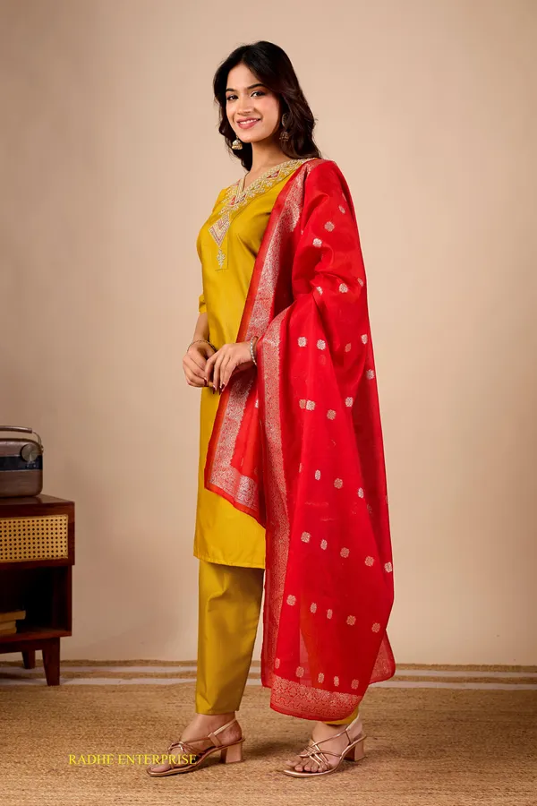 Yellow_Embroidered_Straight_Kurta_Pant_Set_With_Red_Dupatta_For_Women