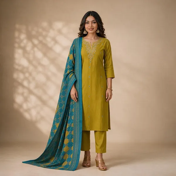 Mustard_Embroidered_Straight_Kurta_Set_For_Women