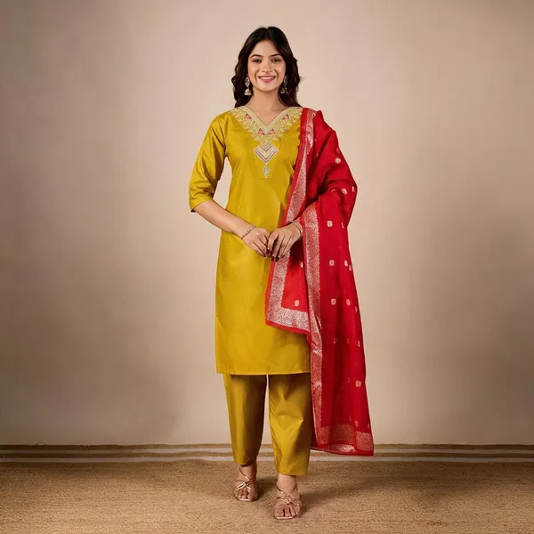 Yellow_Embroidered_Straight_Kurta_Pant_Set_With_Red_Dupatta_For_Women