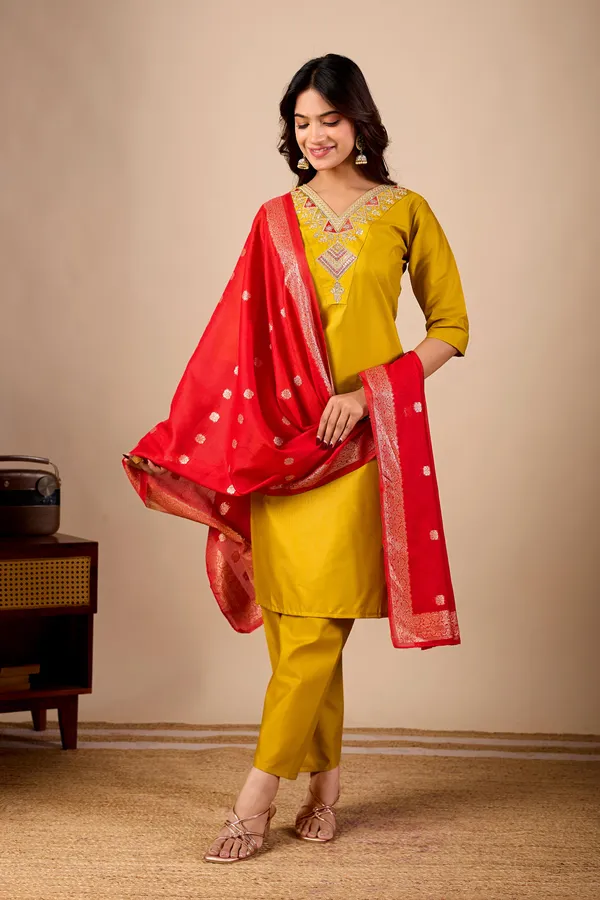 Yellow_Embroidered_Straight_Kurta_Pant_Set_With_Red_Dupatta_For_Women