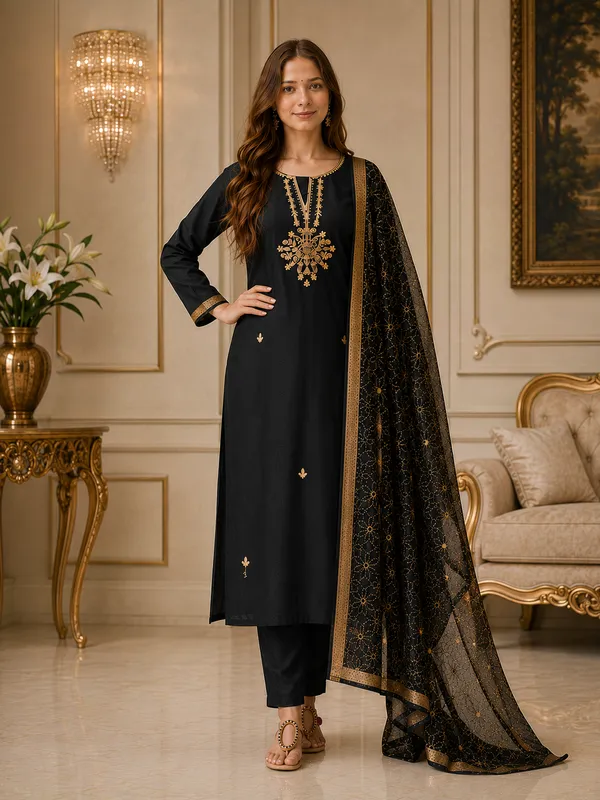 Black_Embroidered_Straight_Kurta_Set_For_Women